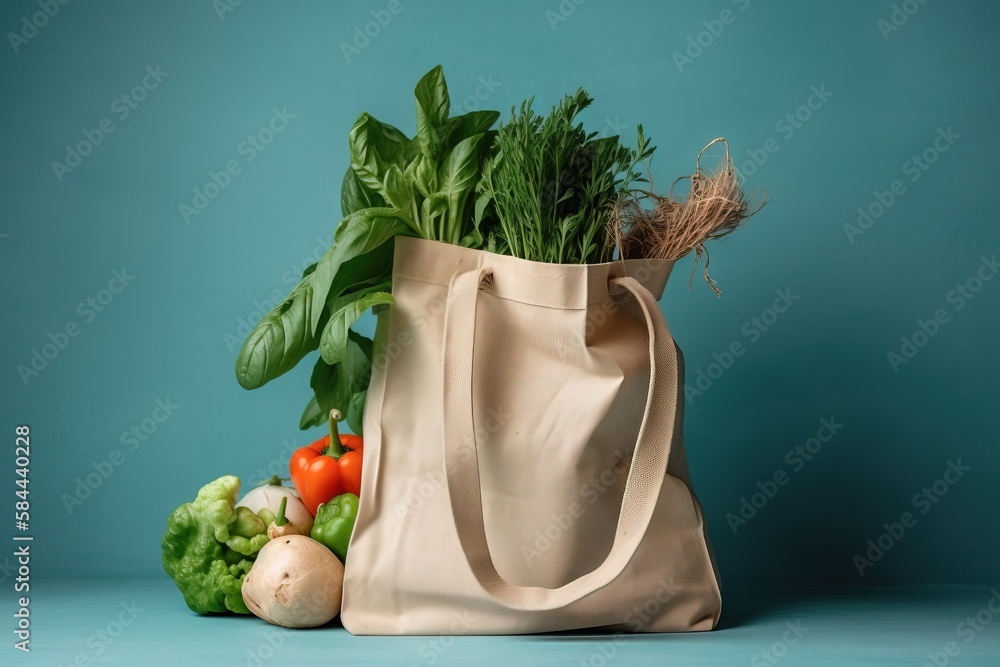  a tote bag filled with fresh vegetables on a blue background with a blue background behind it and a