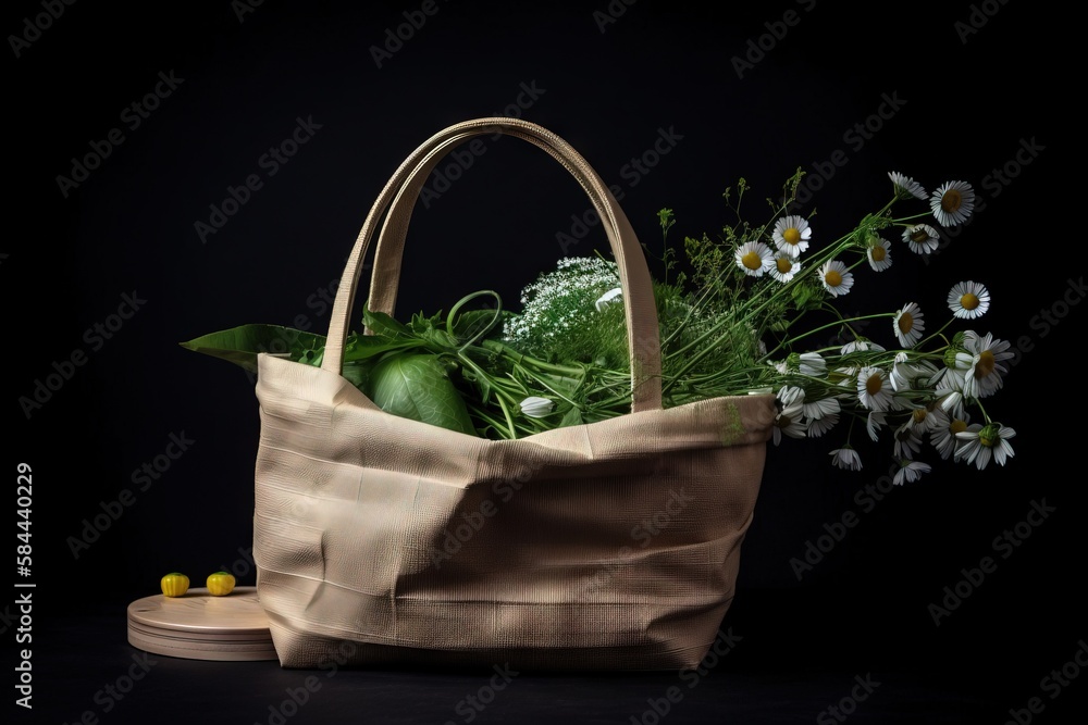  a tote bag with flowers and pills on a black background with a black background and a white flower 