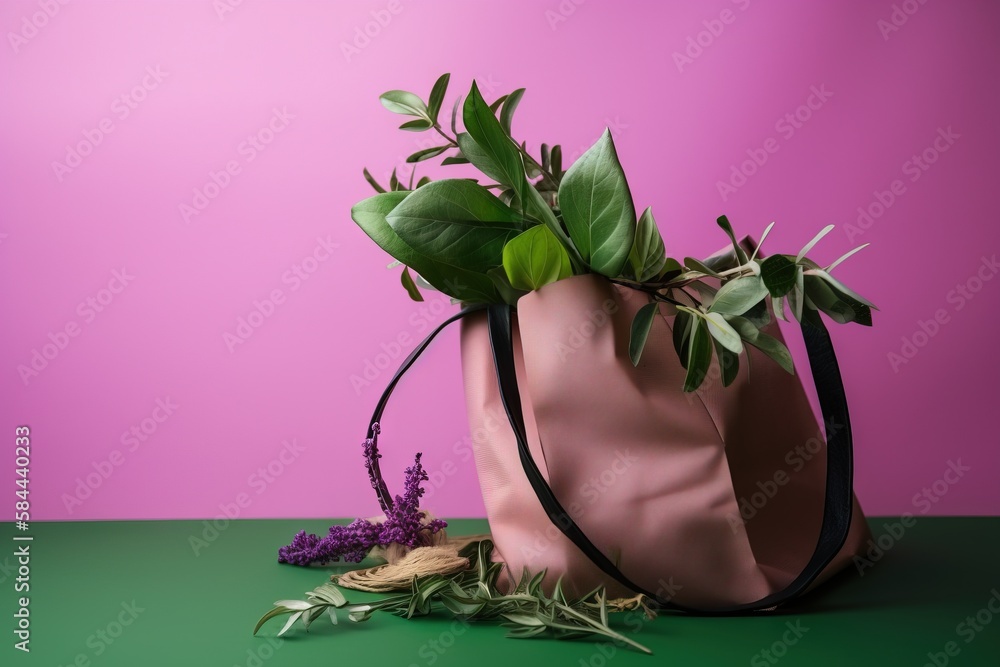  a pink bag with green leaves on a green table next to a purple wall and a purple plant in the middl