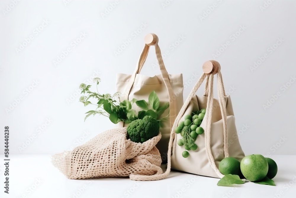  a couple of bags that are next to each other with vegetables in them on a table next to some fruit 