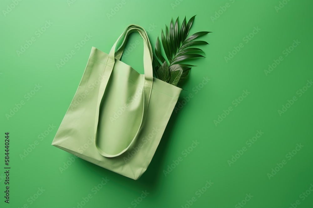  a green shopping bag with a plant in it on a green background with copy - up space for a product or