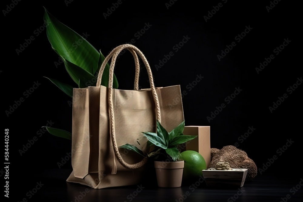  a brown bag with a green plant in it next to a brown bag with a green plant in it on a black surfac