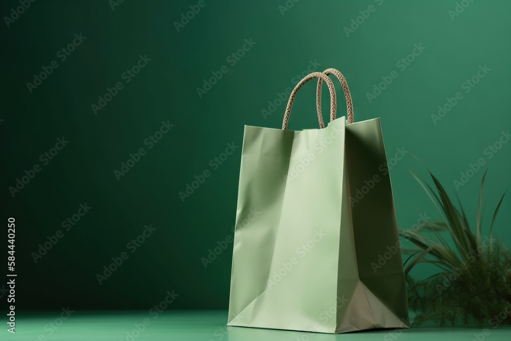  a green shopping bag sitting on a green surface with a plant in the corner of the bag and a green w