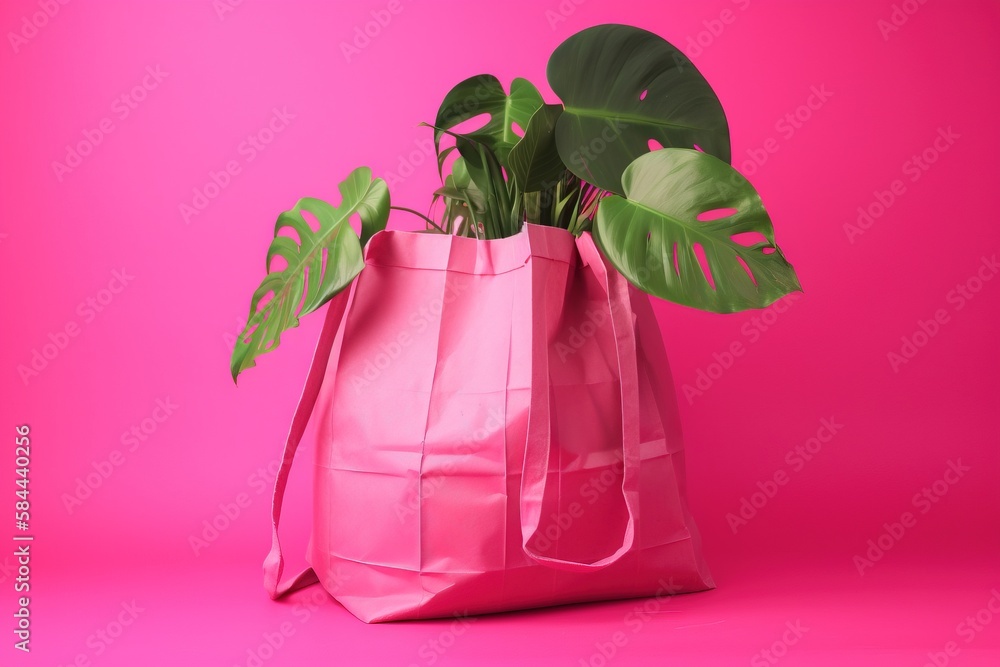  a pink paper bag with a plant in it on a pink background with a pink background and a pink backgrou