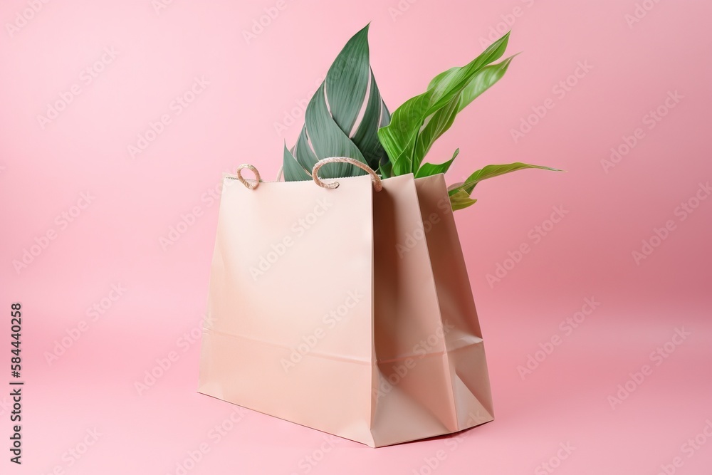  a plant in a paper bag on a pink background with a pink background and a pink background with a pin