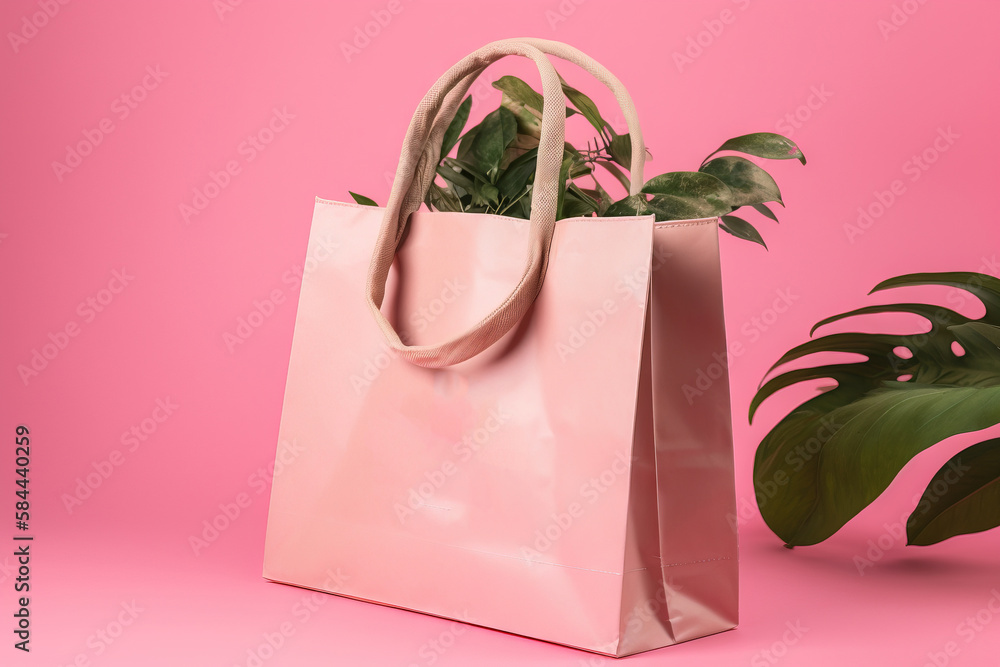  a pink shopping bag with a plant in it on a pink background with a pink background and a green plan