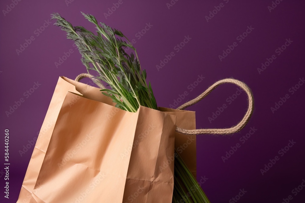  a brown paper bag with a bunch of green plants inside of it on a purple surface with a string attac