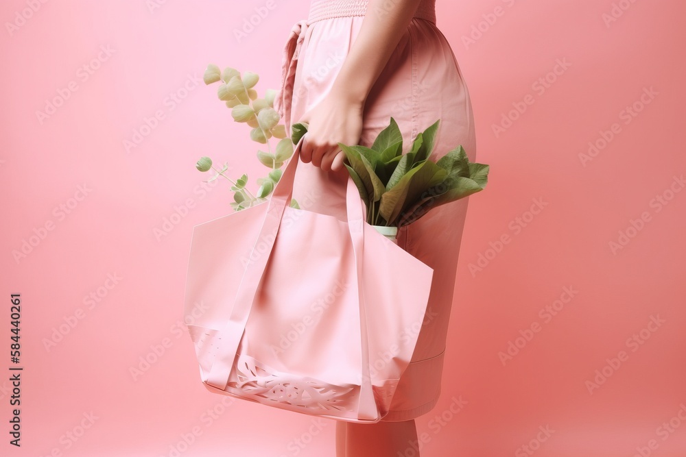  a woman holding a pink bag with flowers in it and a pink background with a pink background and a pi