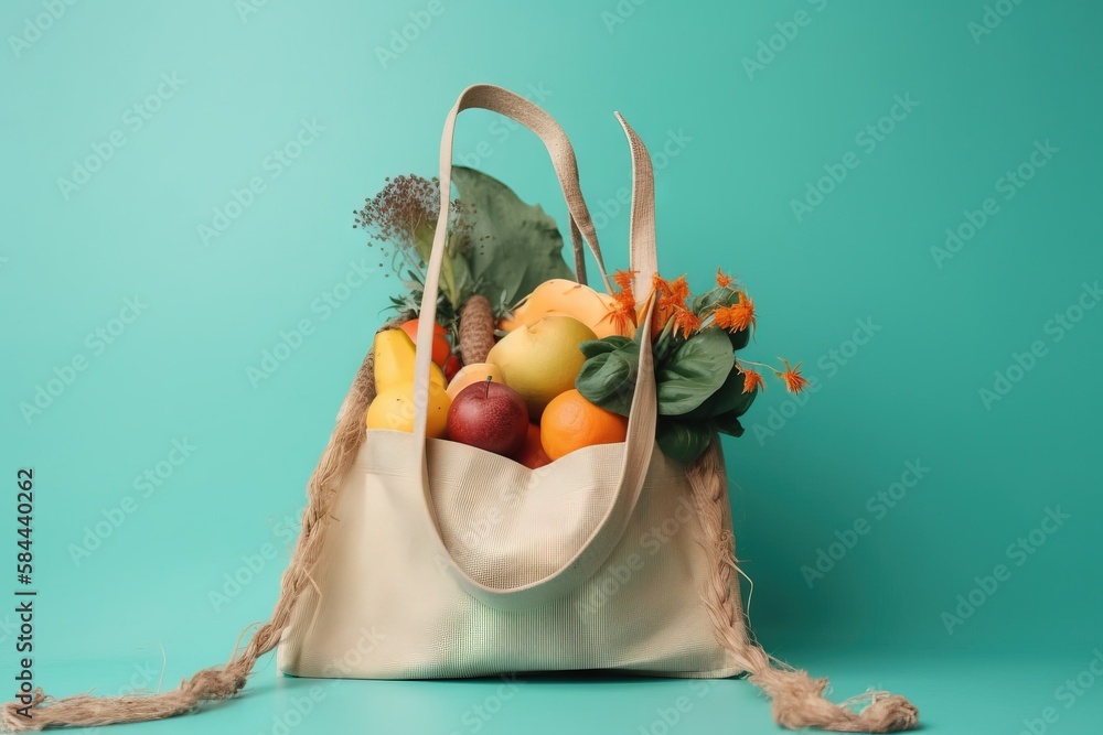  a bag full of fruit sitting on top of a blue surface with a string handle on the bottom of the bag 