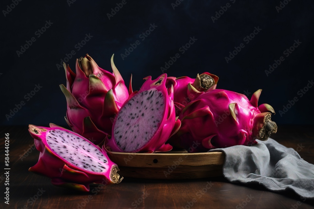  a dragon fruit cut in half on a wooden table with a white cloth and a black background with a dark 