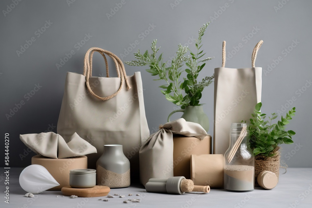  a group of different types of bags and vases with plants in them on a white tablecloth with a gray 