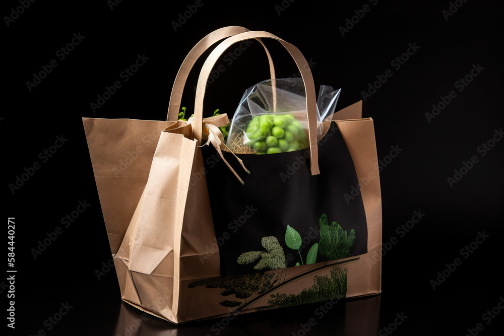  a brown paper bag with a bag of green beans inside of it on a black surface with a black background