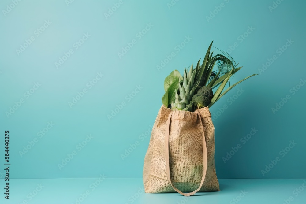  a bag with a bunch of green plants inside of it on a blue surface with a blue background in the cor