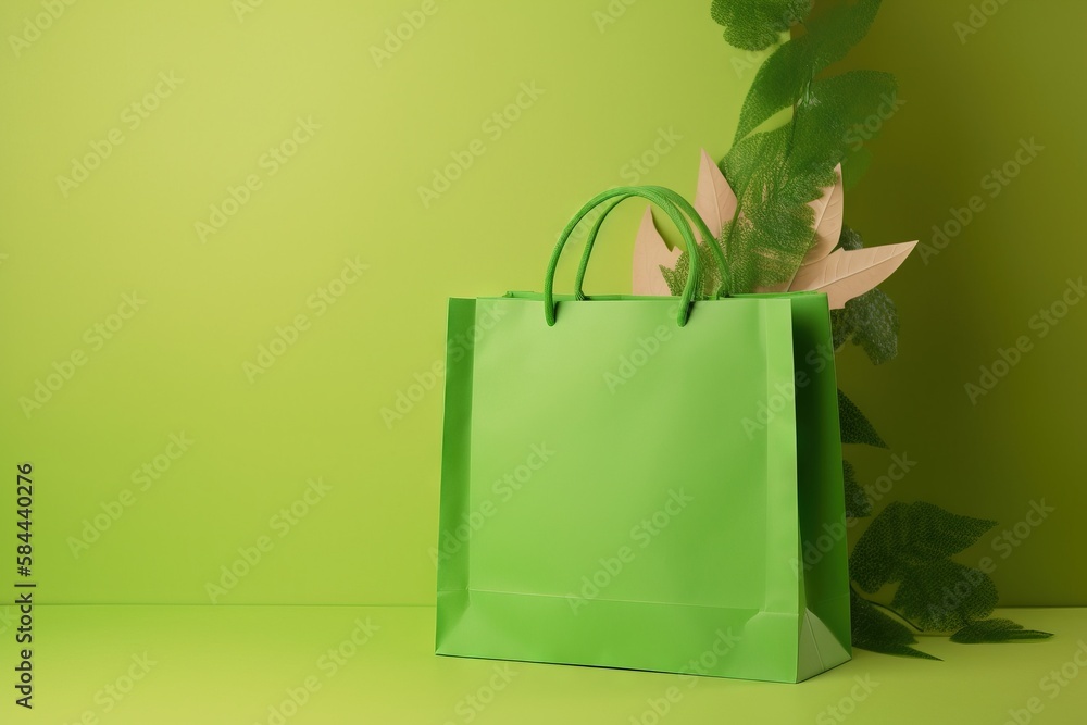  a green shopping bag with a plant in it on a green surface with a green wall in the background and 