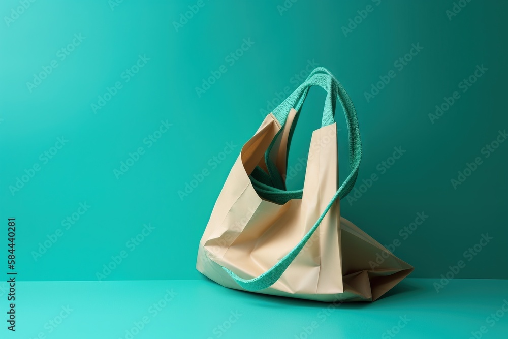  a white and blue bag sitting on top of a green table next to a green wall with a brown and white ba