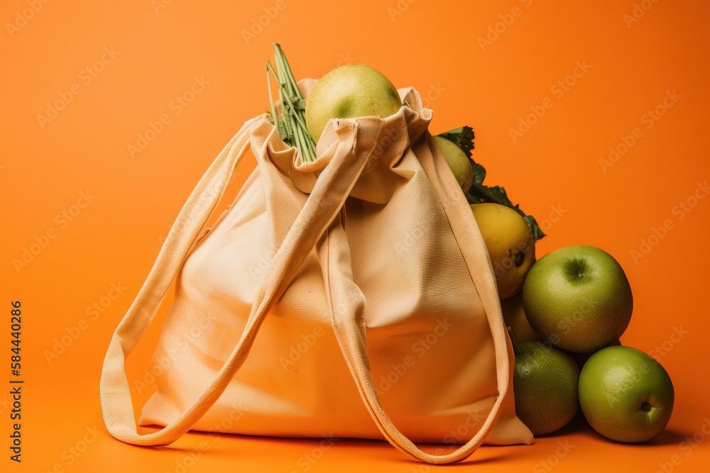  a bag of apples sitting on top of a pile of green and red apples on an orange background with a gre