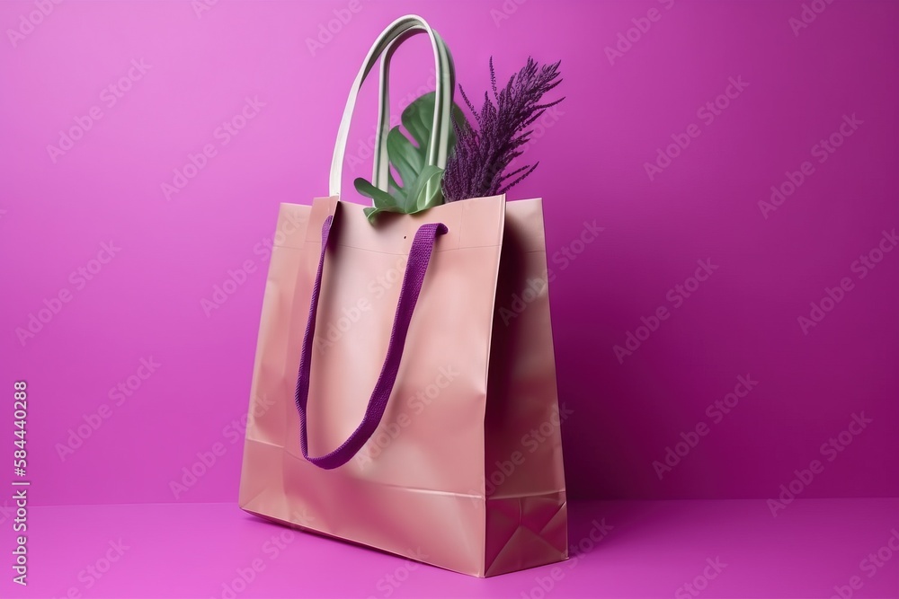  a pink shopping bag with a plant in it on a purple background with a purple ribbon around the handl