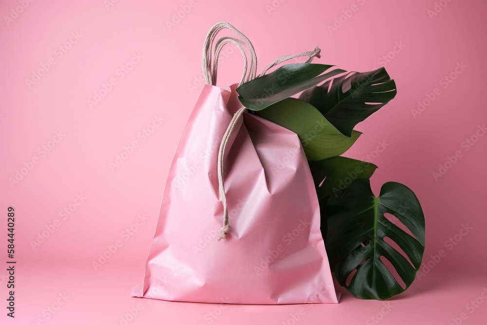  a pink bag sitting next to a green plant on a pink background with a pink background and a green pl