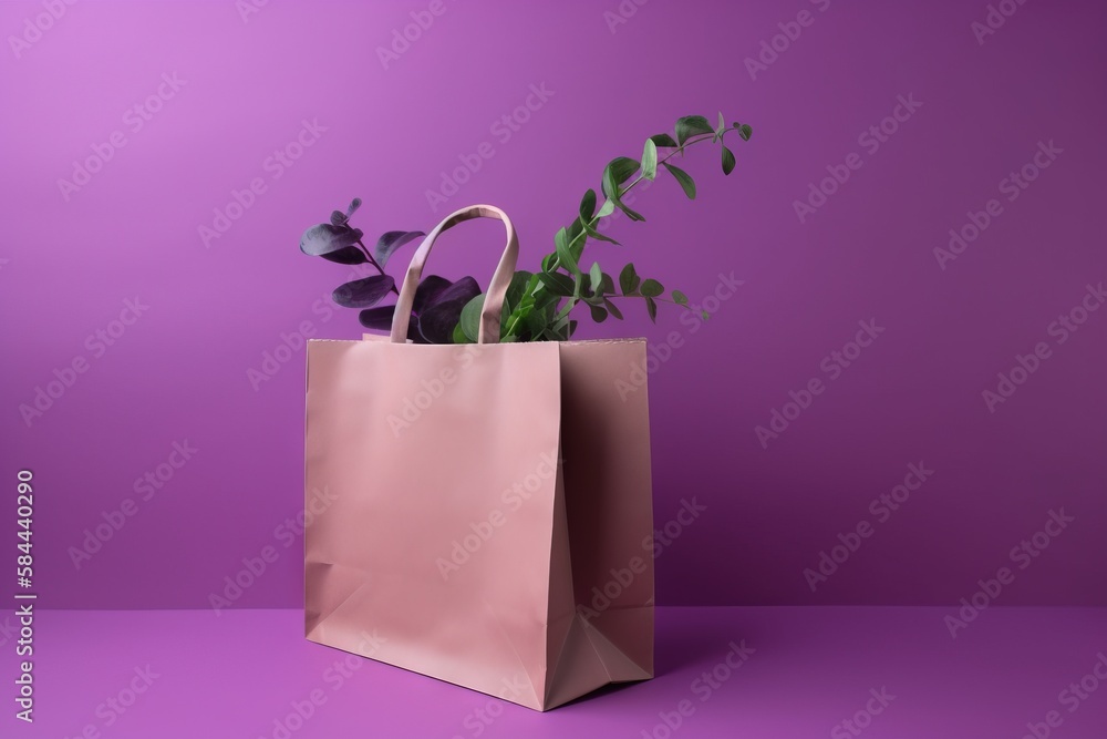  a pink shopping bag with a plant in it on a purple surface with a purple background that is also a 