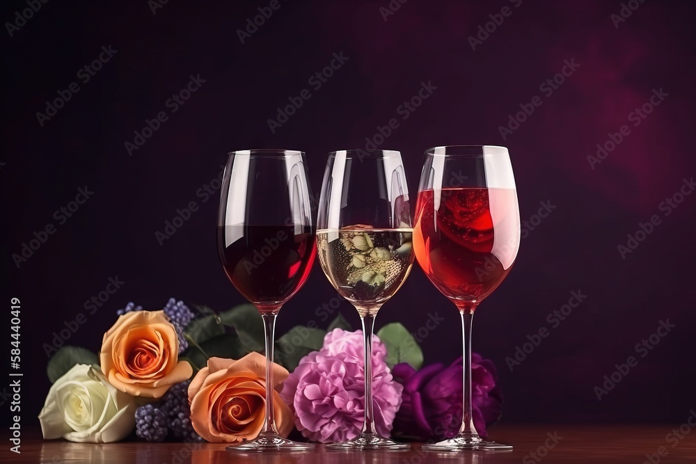  three glasses of wine are sitting next to a bunch of flowers on a wooden table with purple and oran