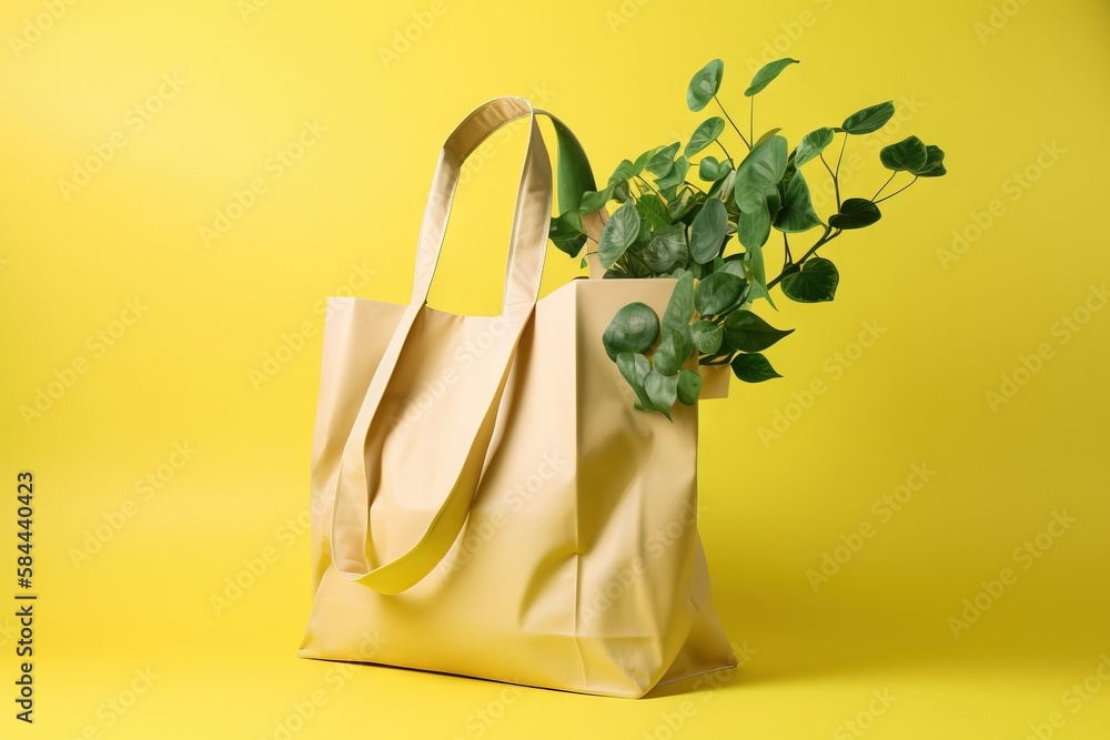  a bag with a plant in it on a yellow background with a green plant in the middle of the bag and a y