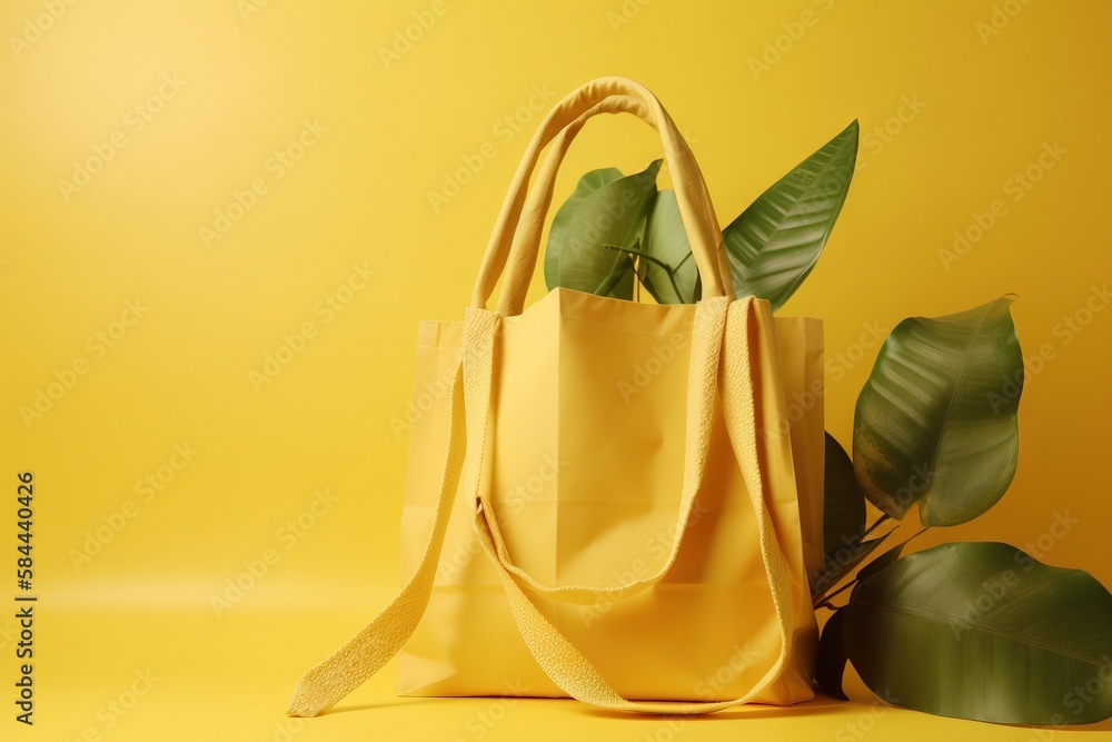  a yellow shopping bag next to a green plant on a yellow background with a yellow background and a g