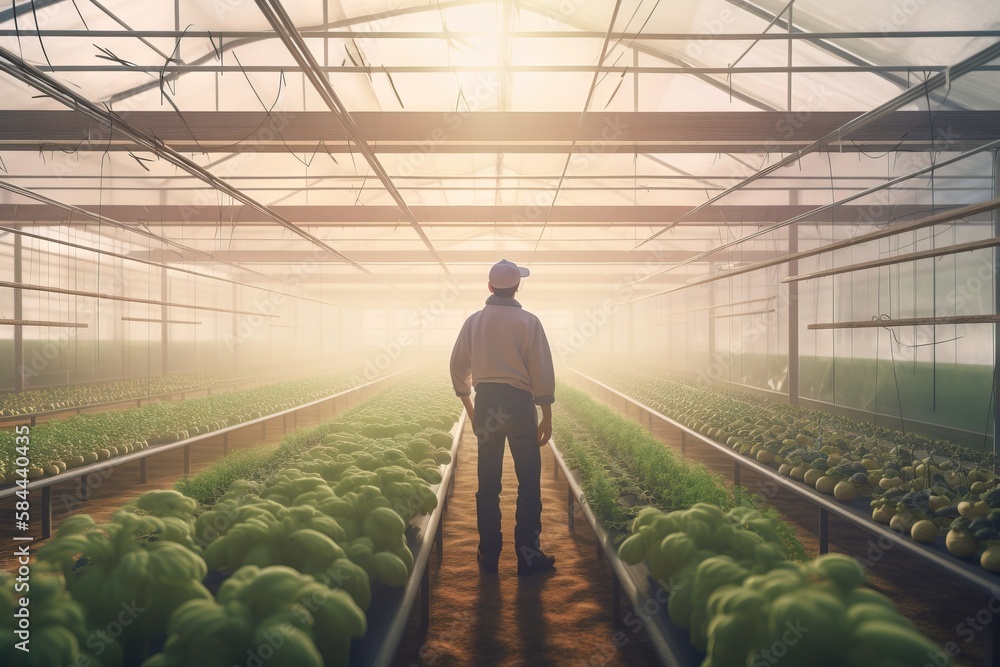  a man standing in a greenhouse with lots of lettuce in the foreground and the sun shining through t