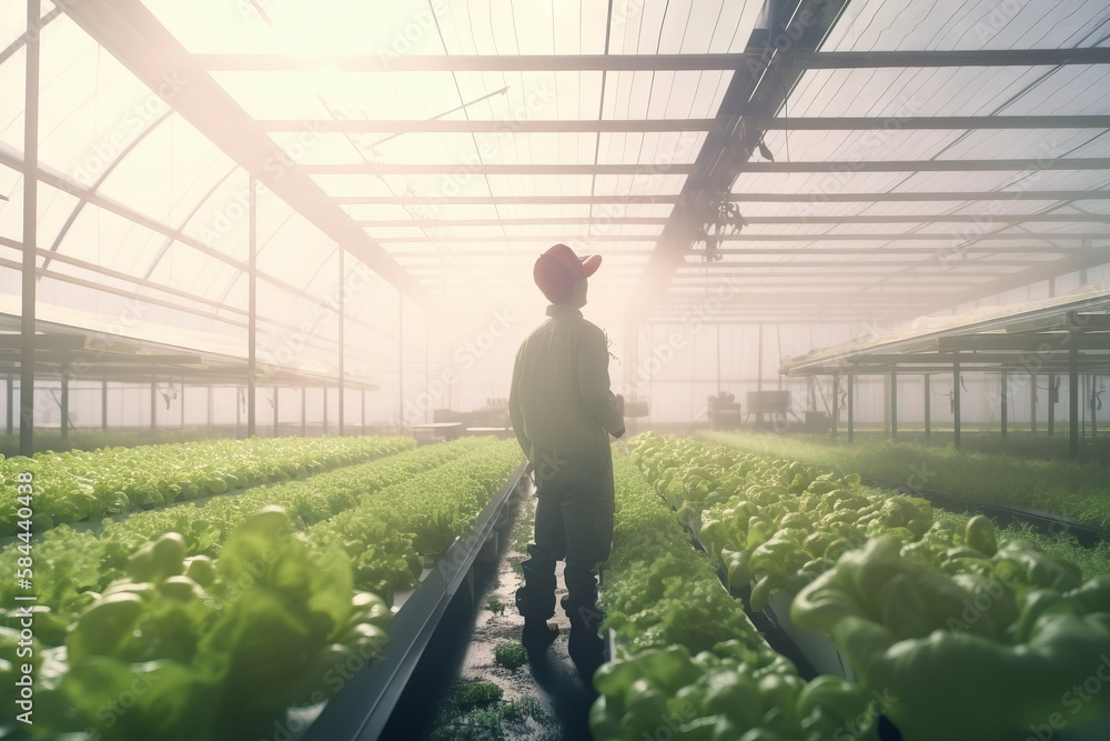  a man standing in a greenhouse with lettuce growing in the ground and a foggy sky behind him and a 