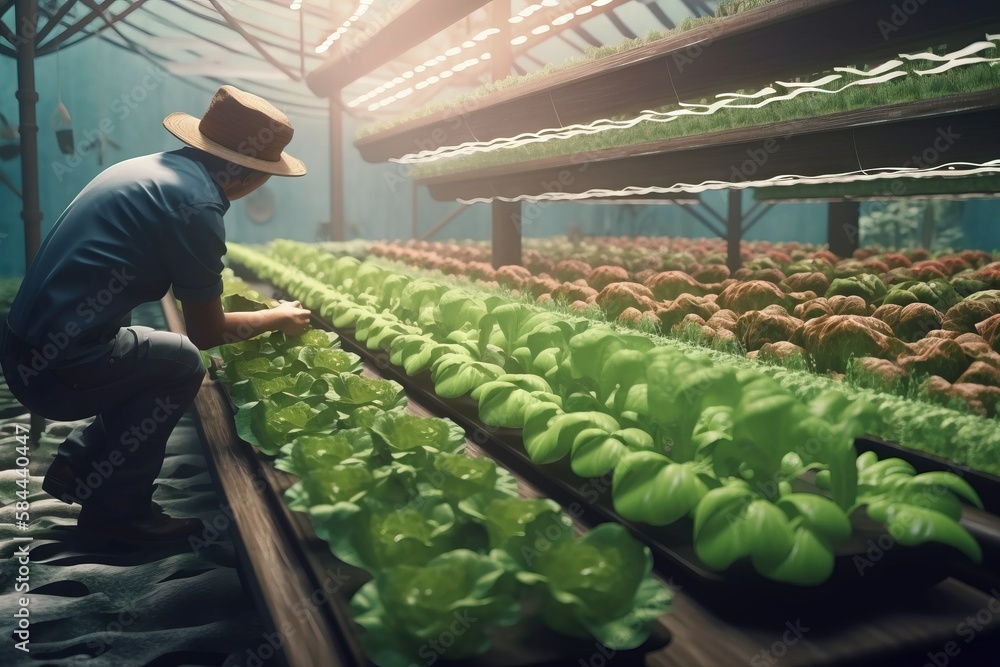  a man in a hat is picking lettuce in a greenhouse with rows of green lettuce in the foreground and 