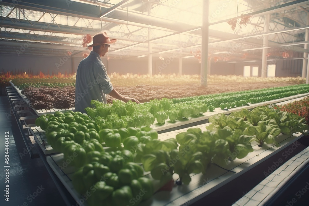  a man in a greenhouse tending to lettuce in the morning sun, with the sun shining through the roof 