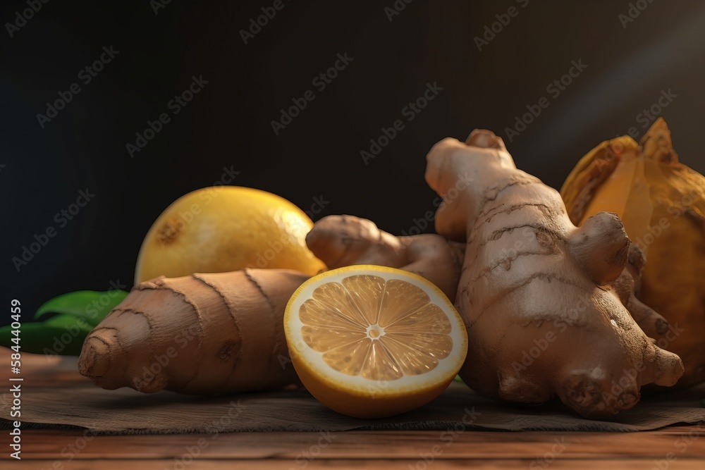  a lemon, ginger, ginger, and ginger root on a wooden table with a black background and a dark backg