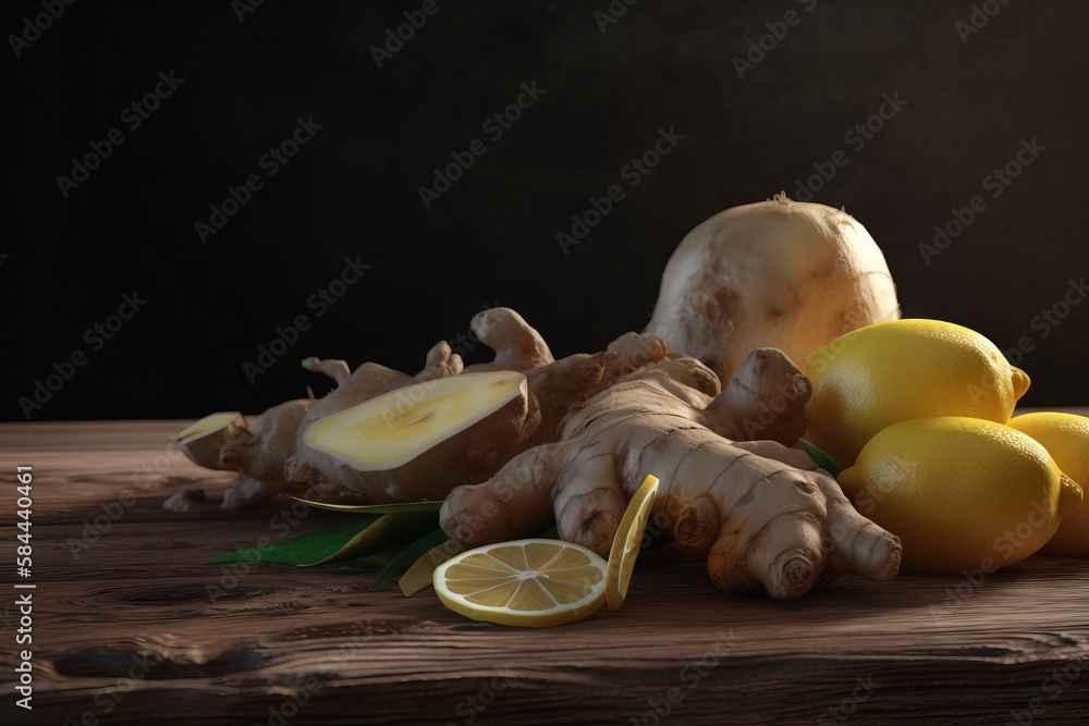  a pile of lemons and ginger root on a wooden table with a slice of ginger on the side of the pile a