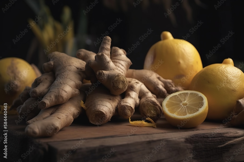  a bunch of lemons and ginger root on a wooden table with lemons and gingers in the background and a