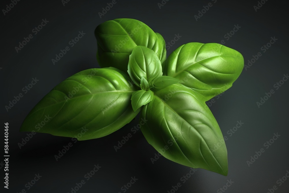  three green leaves of basil on a black background with room for text or image stock photo - 1229999