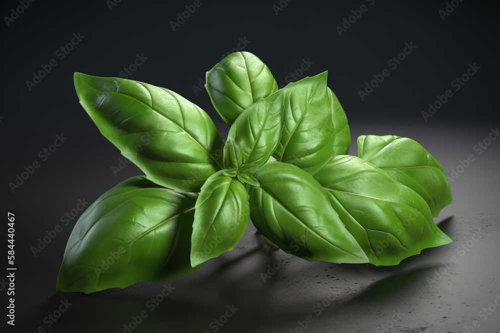  a group of green leaves sitting on top of a counter top next to a black background with a shadow on