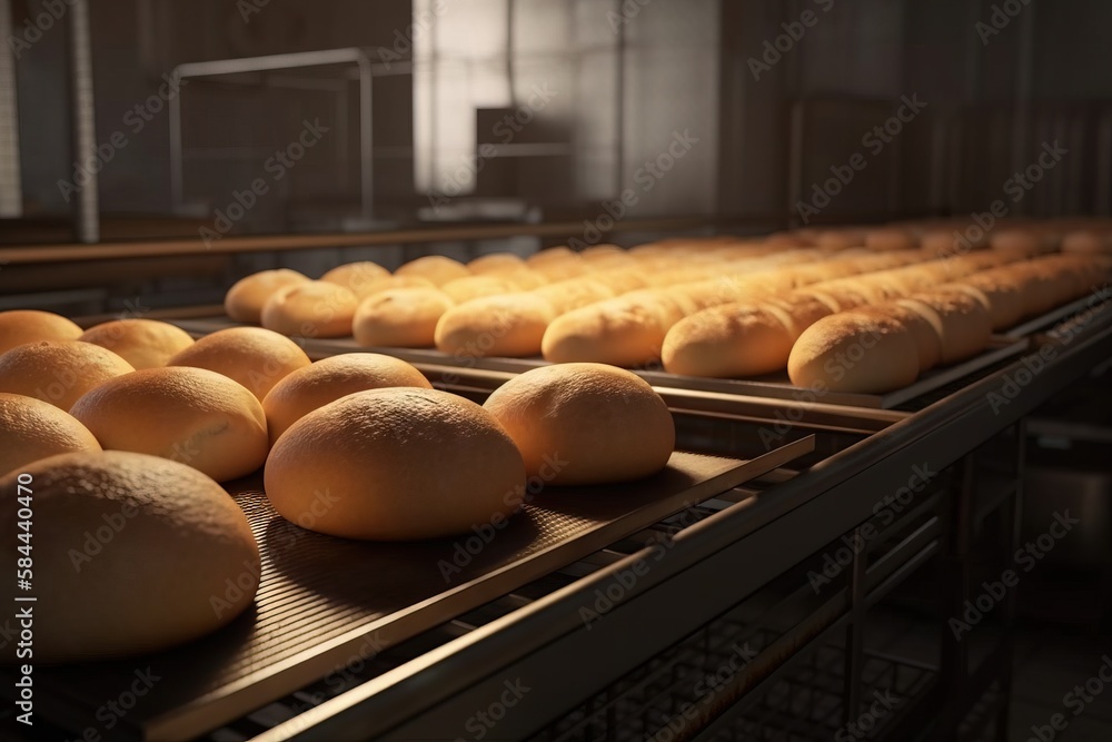  a conveyor belt filled with lots of fresh breads on top of metal trays in a bakery or bakery settin