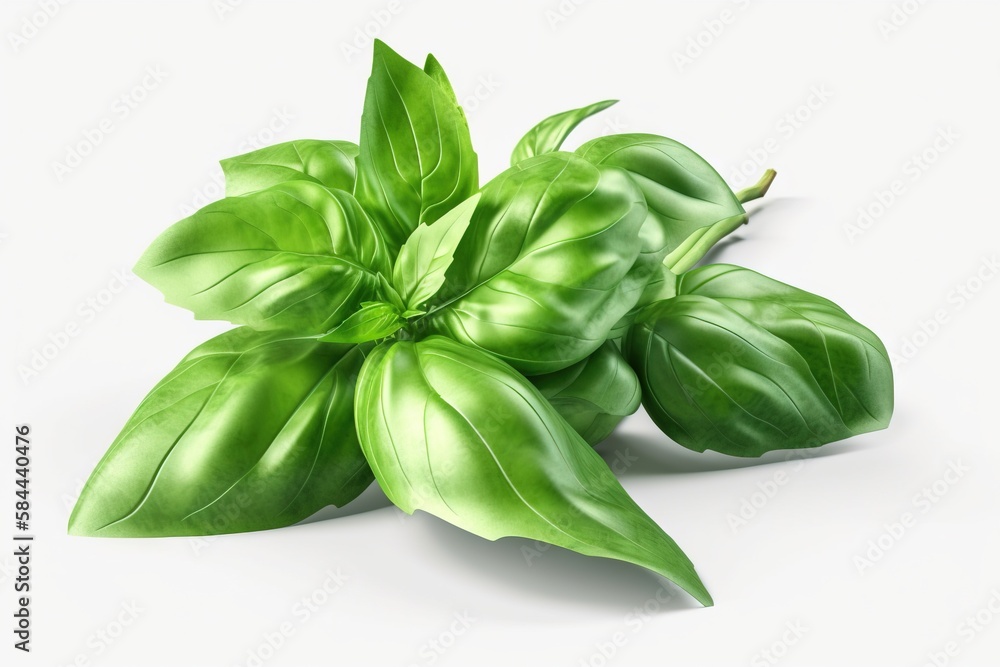  a group of green leaves on a white background with a shadow of the leaves on the ground and the top