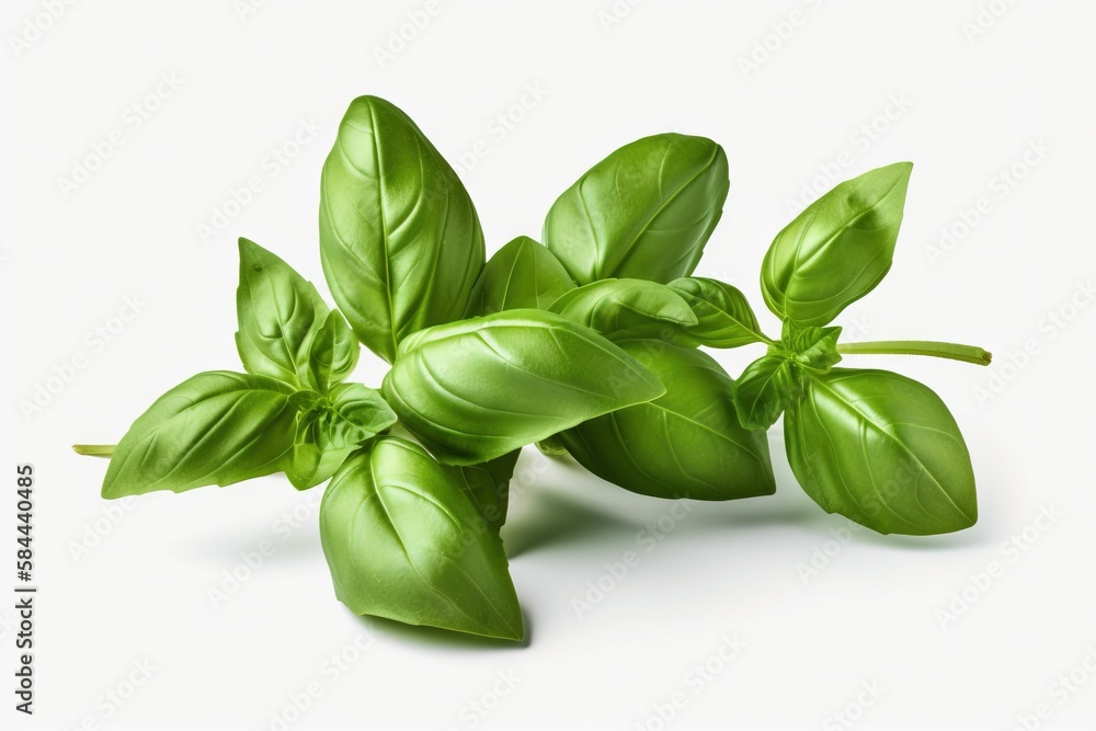  a group of green leaves on a white background with a shadow of the leaves on the ground and the top