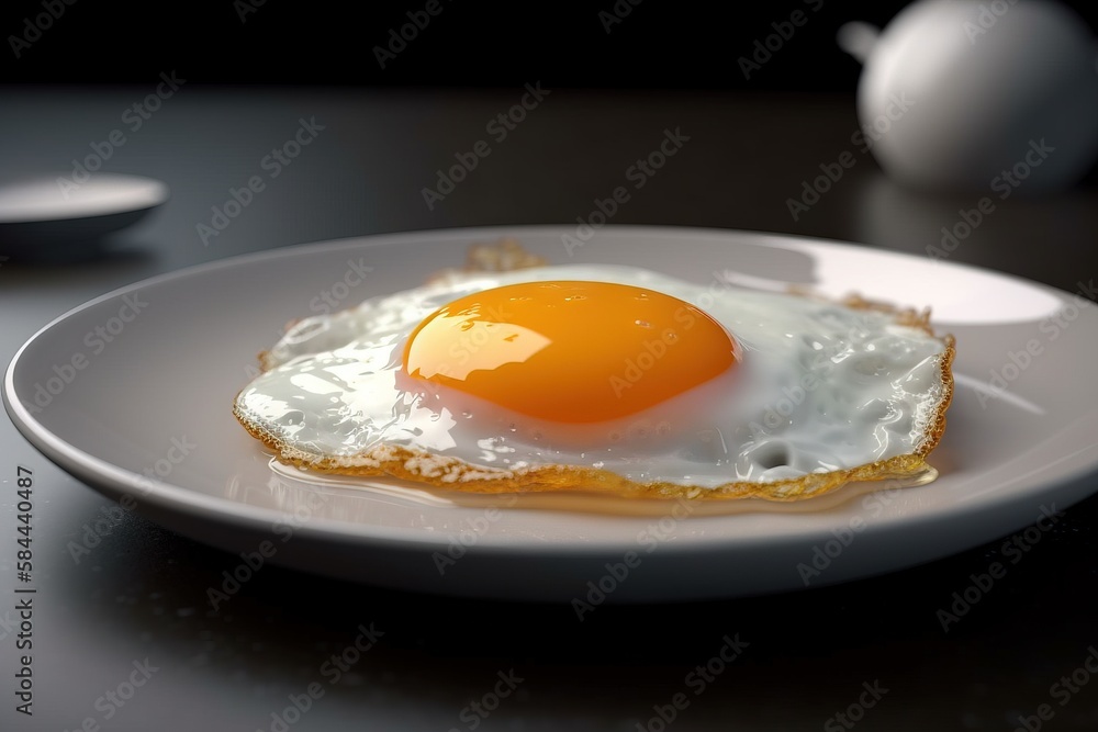  a fried egg is on a plate on a table next to a teapot and a teapot on a table top with a black surf