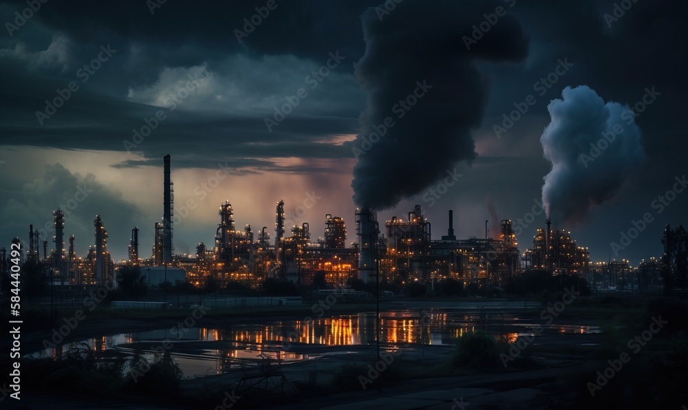  a factory with smoke stacks and a lake in front of it at night with a cloudy sky and a dark sky wit