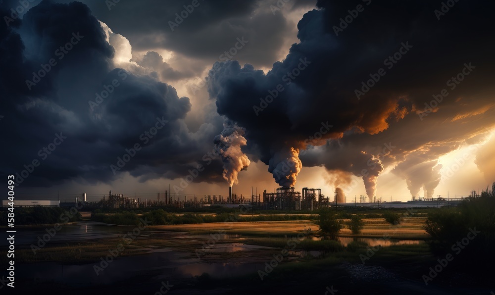  a large factory with a lot of smoke coming out of its stacks of smoke stacks in the distance, with