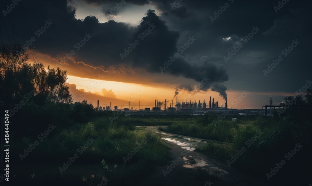  a river running through a lush green field under a cloudy sky with smoke stacks in the distance and