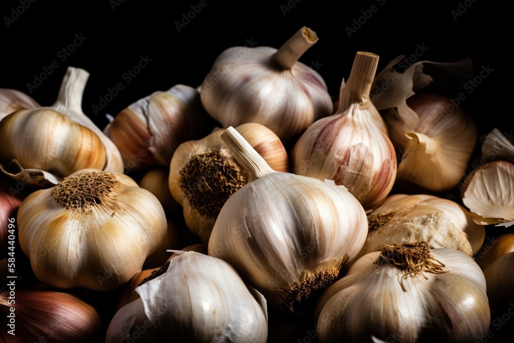  a pile of garlic on a black background with a black background and a few bulbs of garlic in the mid