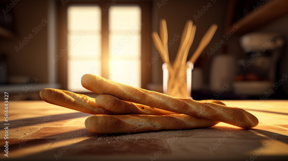 Golden bread sticks baked in rustic kitchen Illustration AI Generative.