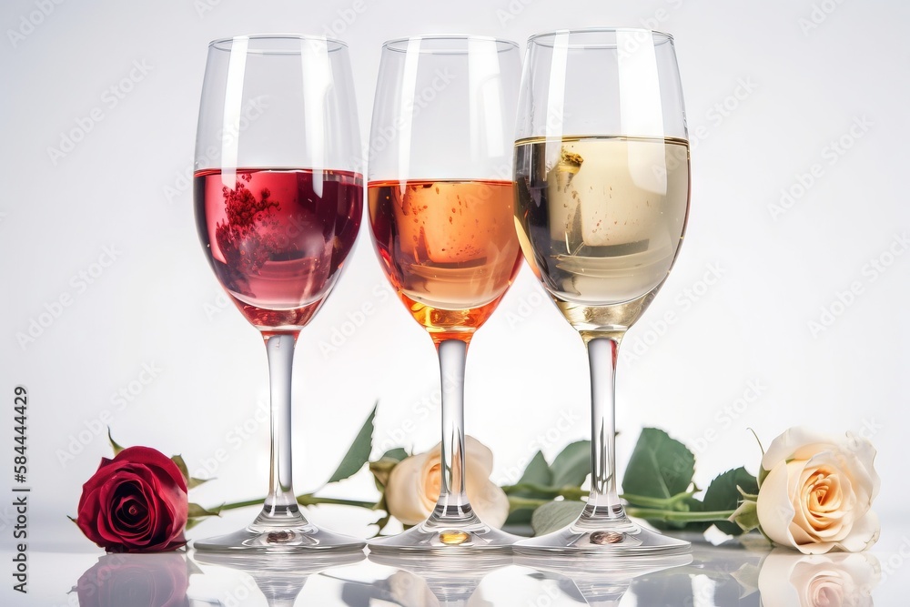  three glasses of wine and a rose on a reflective surface with a reflection of the wine being poured