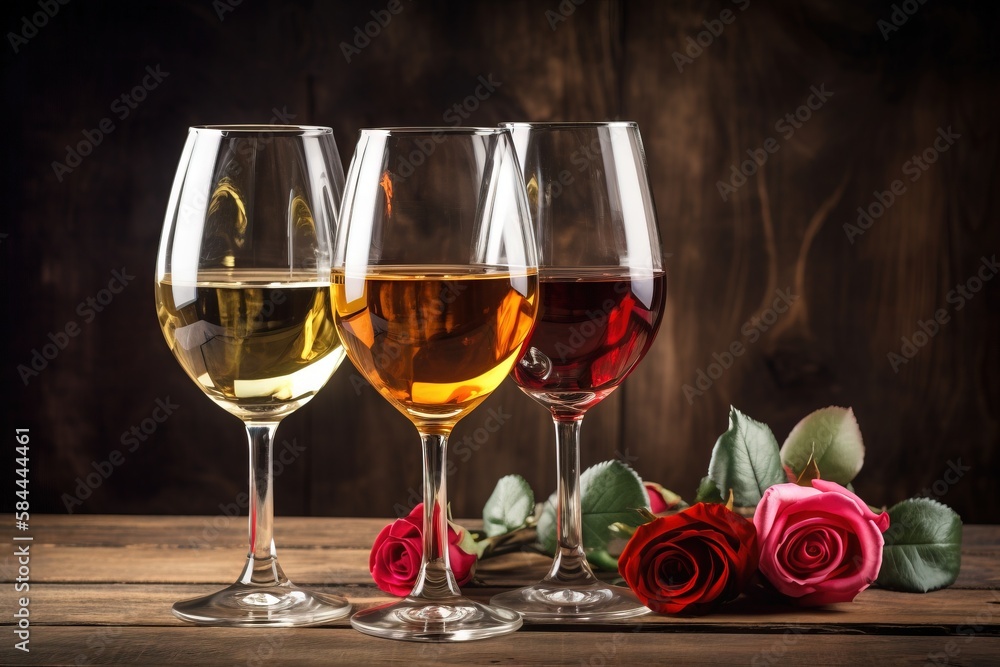  three glasses of wine and a rose on a wooden table with a dark background and a wooden table with a