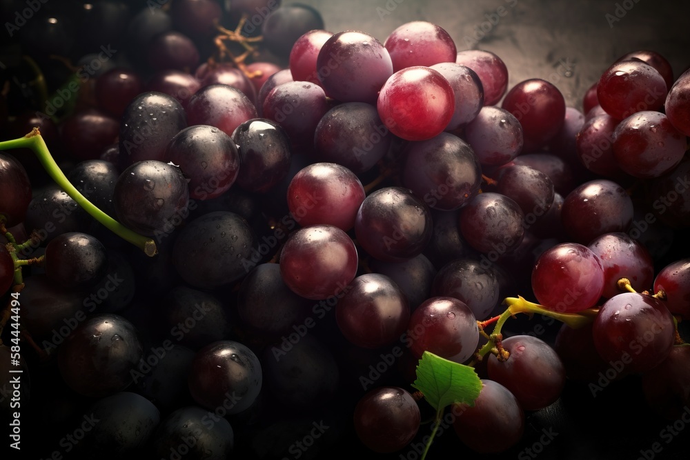  a close up of a bunch of grapes with a leaf on the top of it, with a black background and a green s