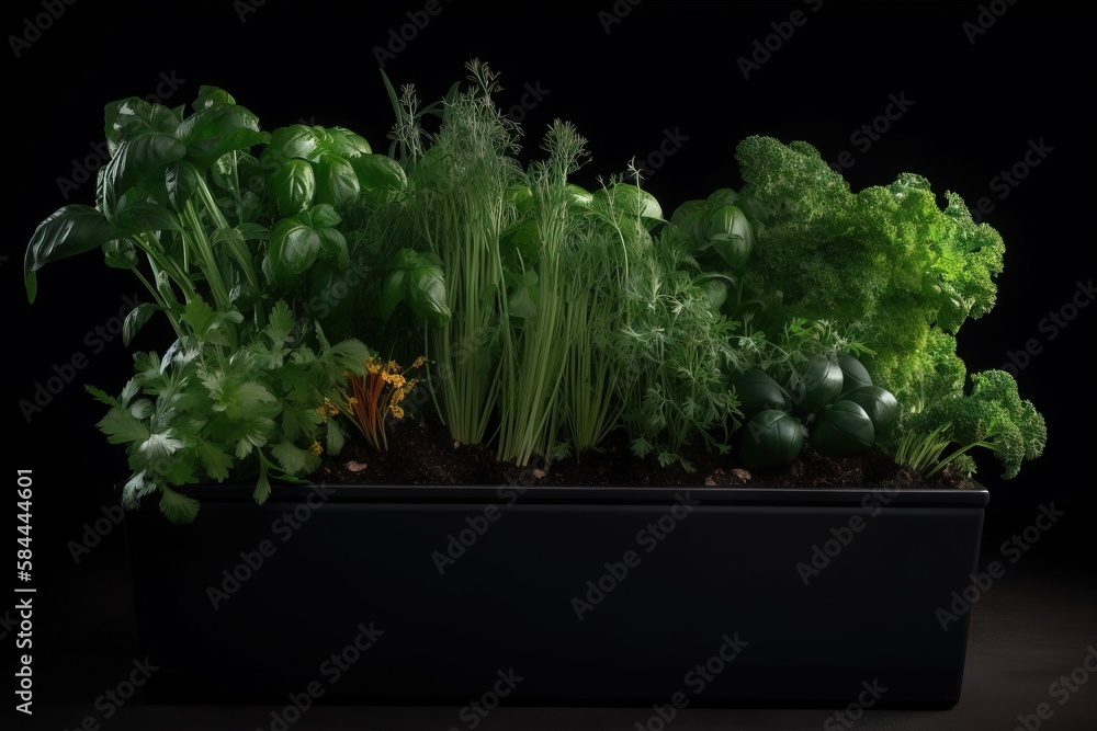  a group of green plants growing in a black container on a black surface with a black background and