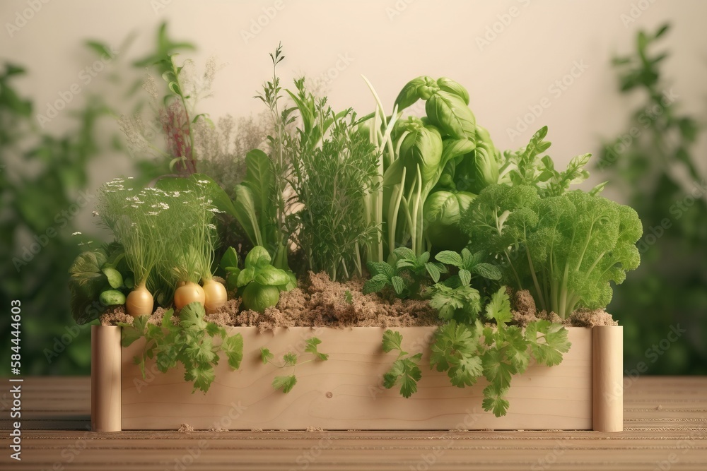  a wooden box filled with lots of green plants and veggies on top of a wooden table next to a white 