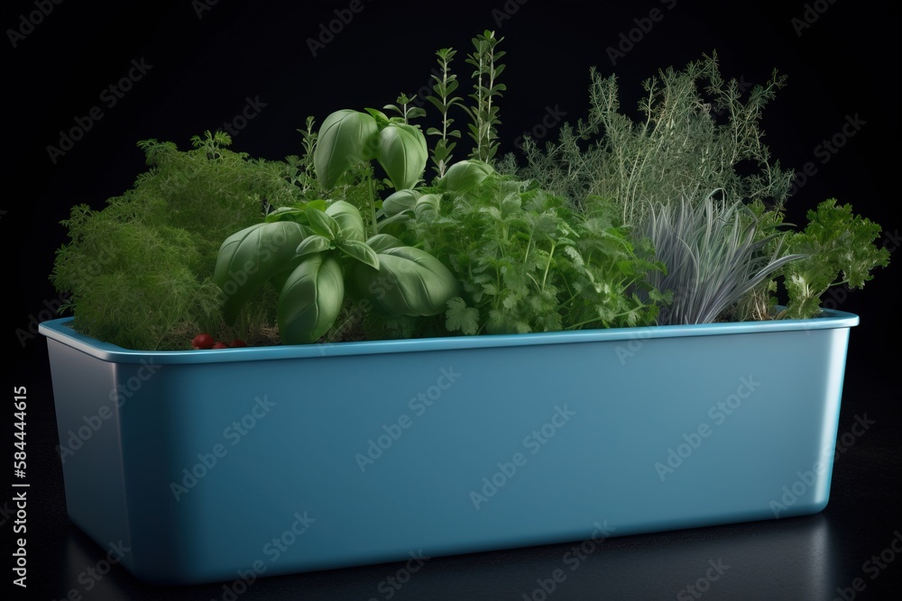  a blue container filled with lots of green plants on top of a black table next to a planter filled 